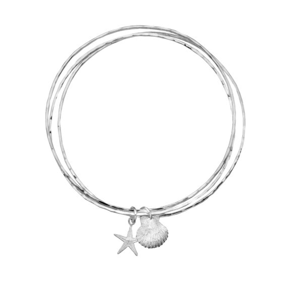 Sterling Silver Double Bangle with Scallop Shell & Starfish Charms